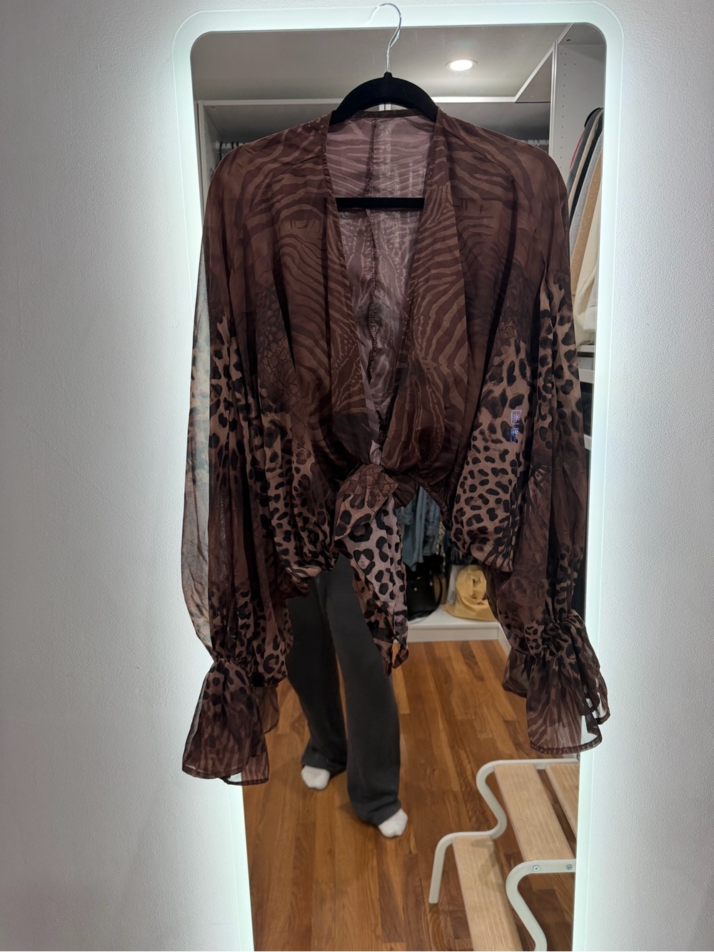 Brown Sheer Animal-Print Tie-Front Women's Top